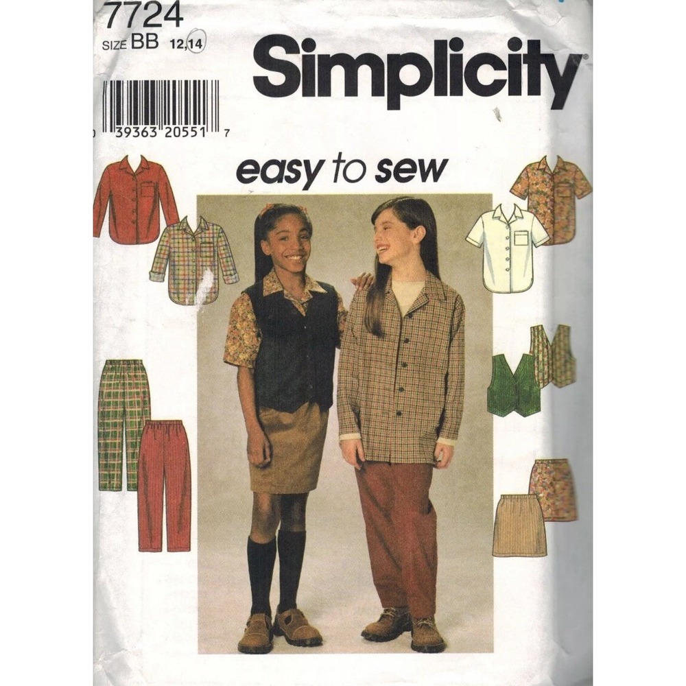 Simplicity 7724 Girls Shirt Vest Pants Skirt Sewing Pattern Size 12-14 Uncut